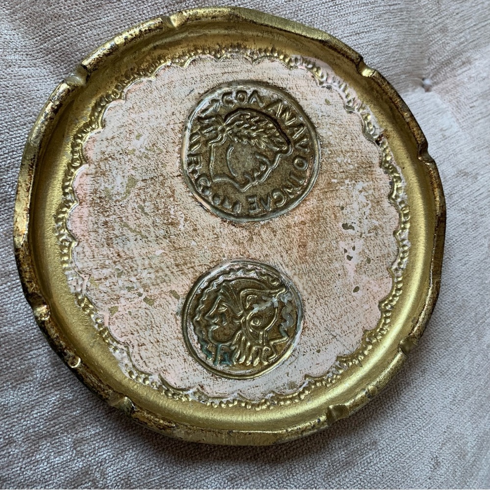 Vintage Florentine coaster/trinket tray - gold and a faded pink